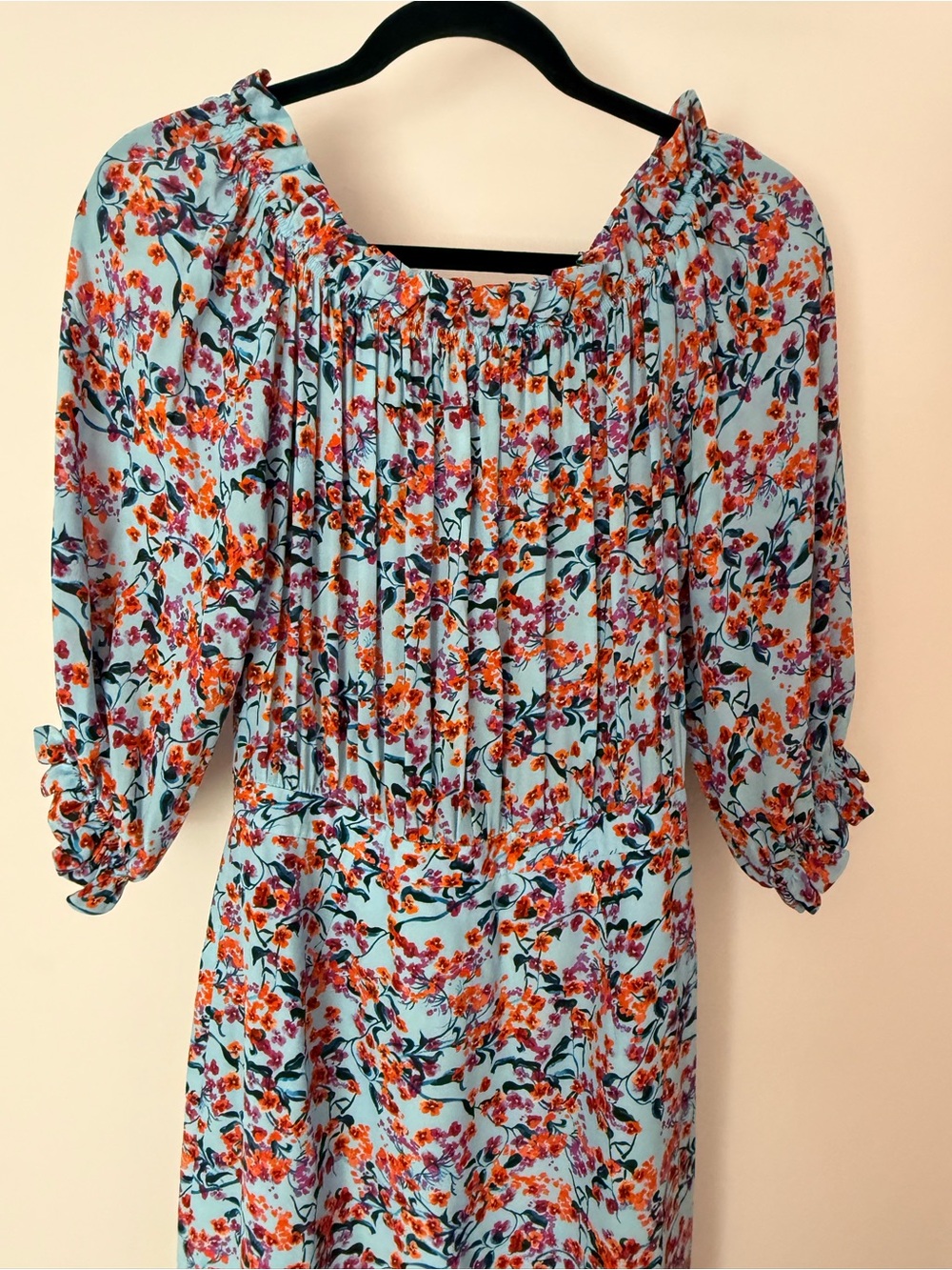 Saloni 100% Silk Floral Print Off The Shoulder Midi Dress Light Blue US 6 UK 10 - Picture 6 of 12